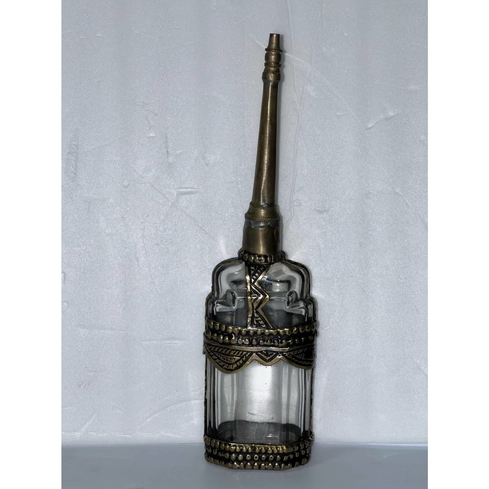 Vintage Moroccan Glass & Embossed Metal Rose Water Perfume Bottle Sprinkler